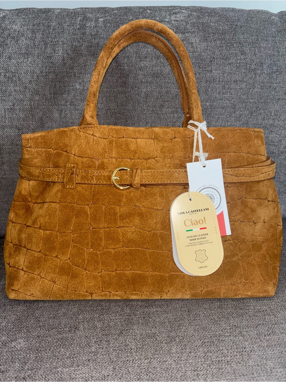 💼NWT Viola Castellani GrazieTan Suede Croc-Embossed Satchel